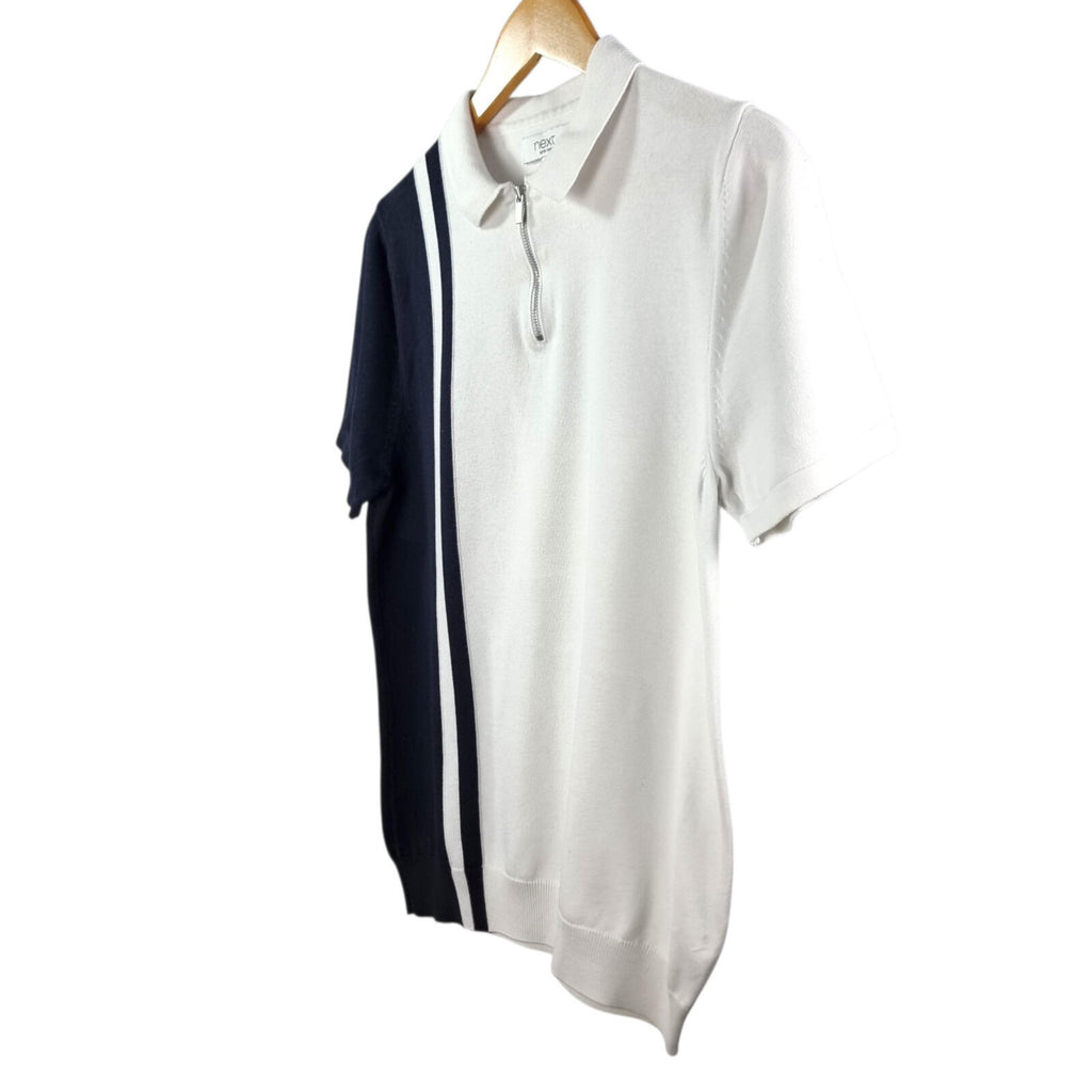 Next Knit Polo Shirt Men's UK Size S White Blue 1/4 Zip Short Sleeve 100% Cotton