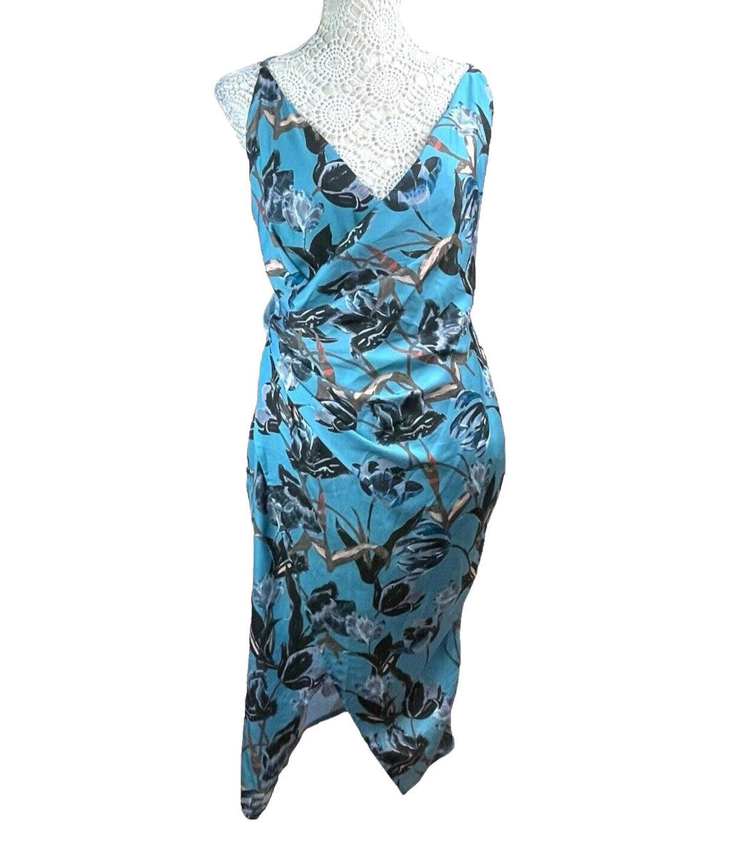 ASOS Blue Floral Midi Dress Silk Effect Women’s UK Size 12