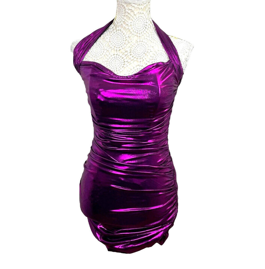 Metallic Bodycon Halter Neck Mini Dress Women’s UK Size XS Purple Party Cocktail