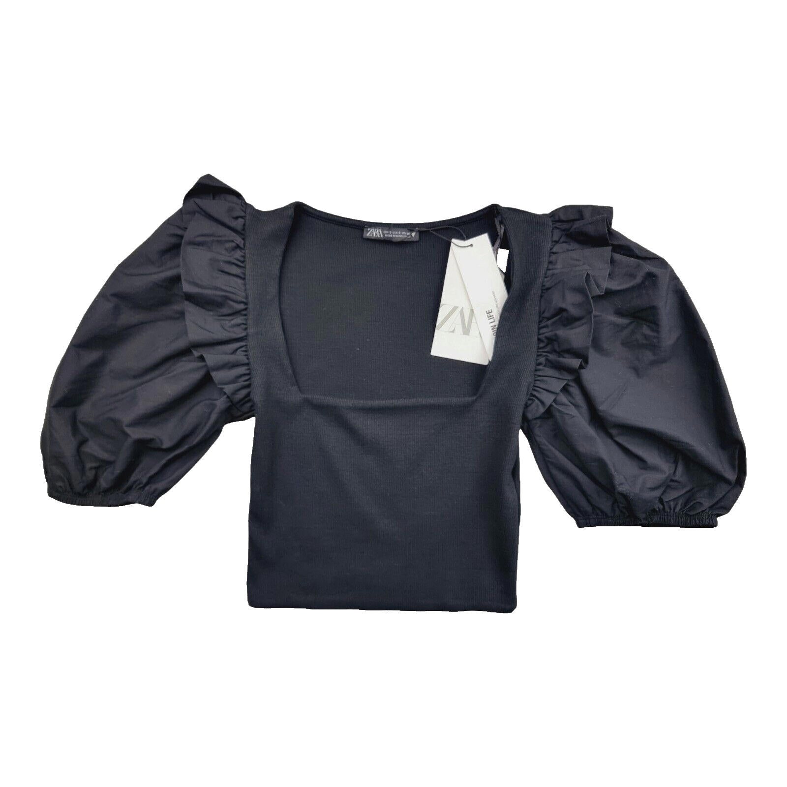 Zara Crop Top Balloon Sleeve Black Ribbed Ruffle Women's UK Size Small S