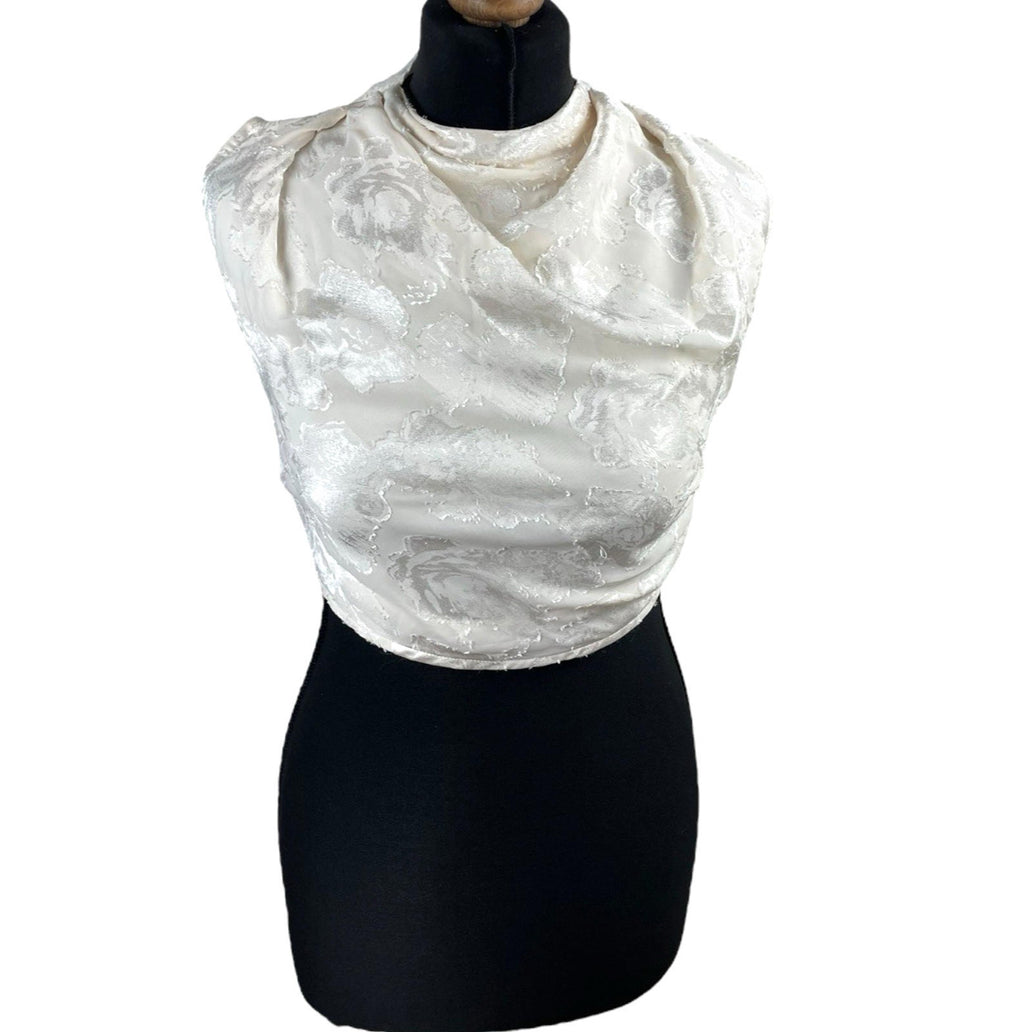 Pretty Little Thing Cream Satin Croptop High Neck Tie Back Women’s UK Size 8