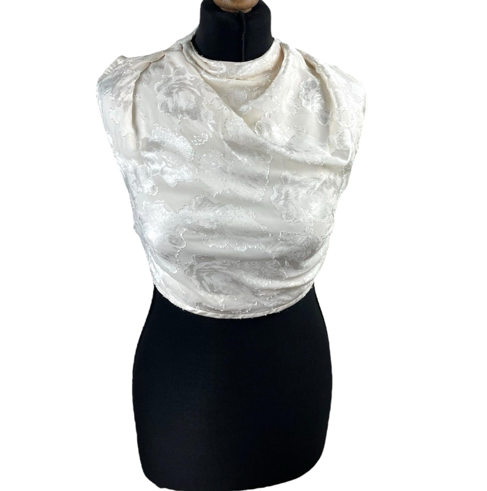 Pretty Little Thing Cream Satin Croptop High Neck Tie Back Women’s UK Size 8
