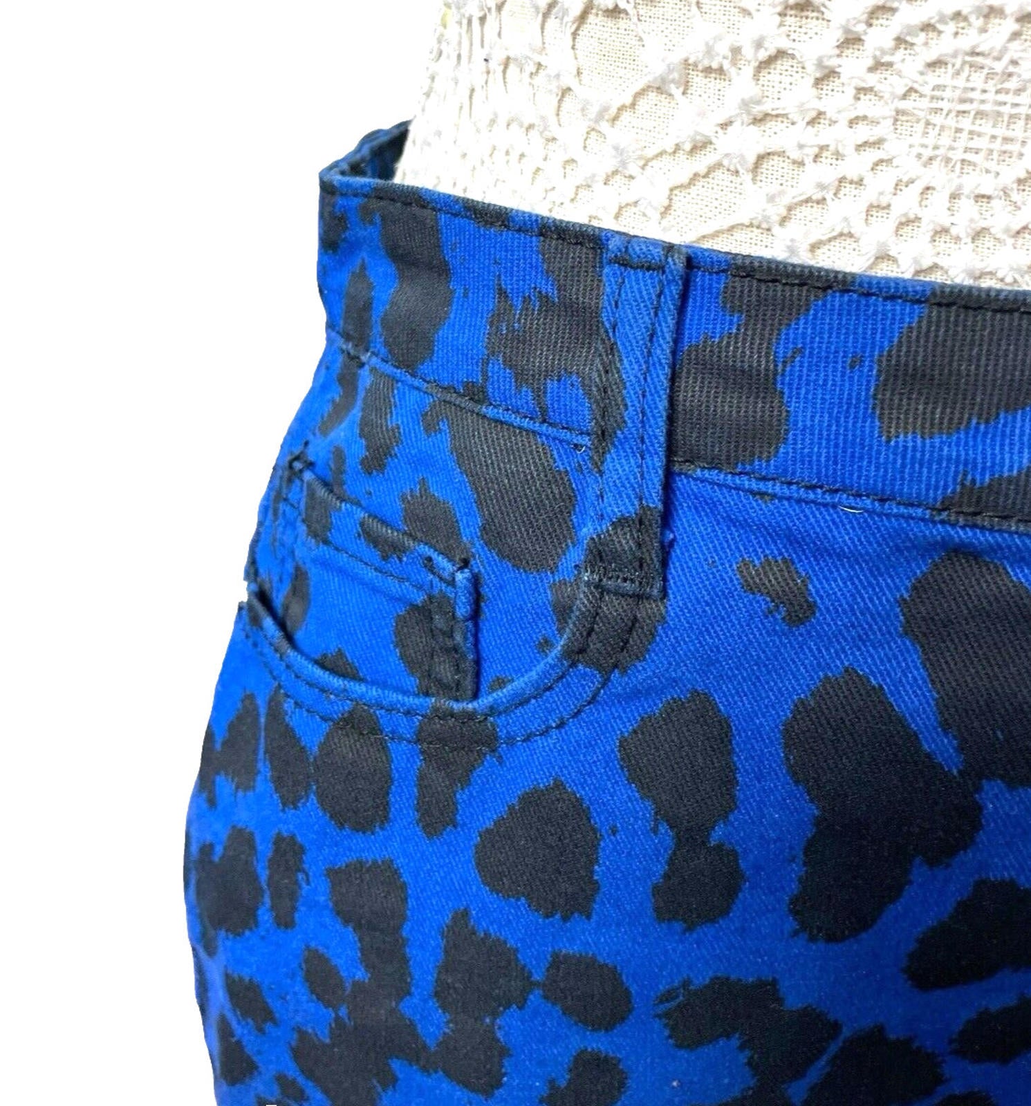 Denim Mini Skirt Women’s UK Size 12 Blue Leopard Print High Waist Pockets Y2K
