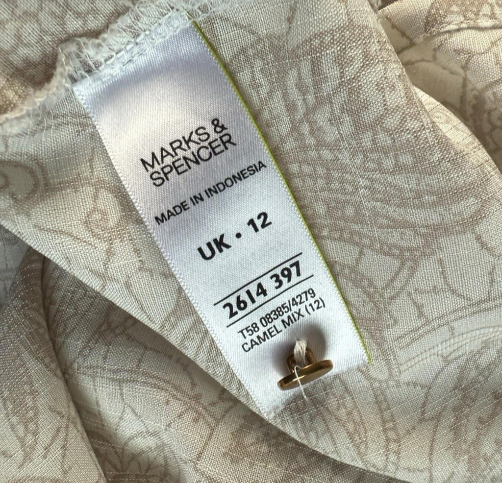Marks & Spencer Shirt Blouse Women’s UK Size 12 Beige Floral Collared 3/4 Sleeve
