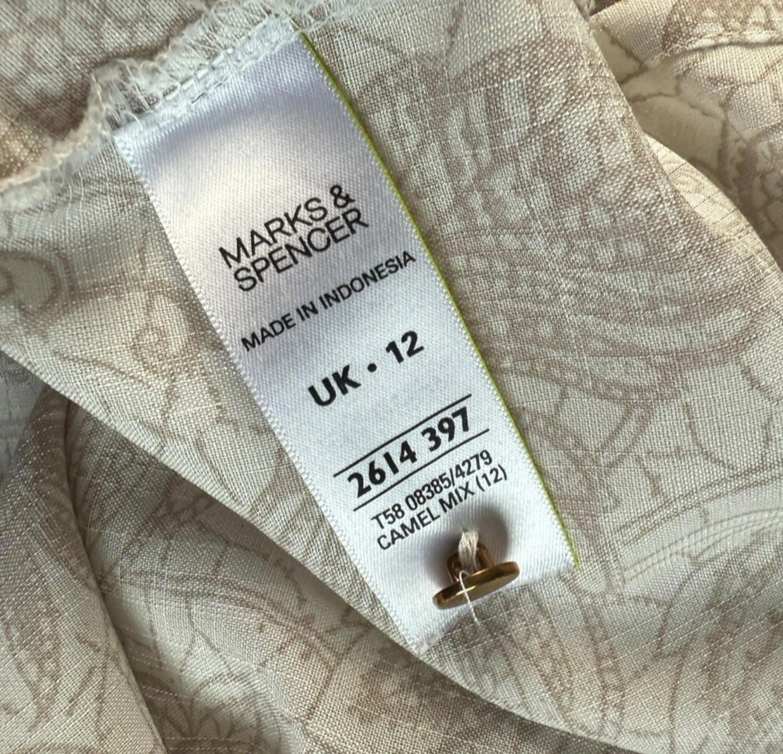 Marks & Spencer Shirt Blouse Women’s UK Size 12 Beige Floral Collared 3/4 Sleeve