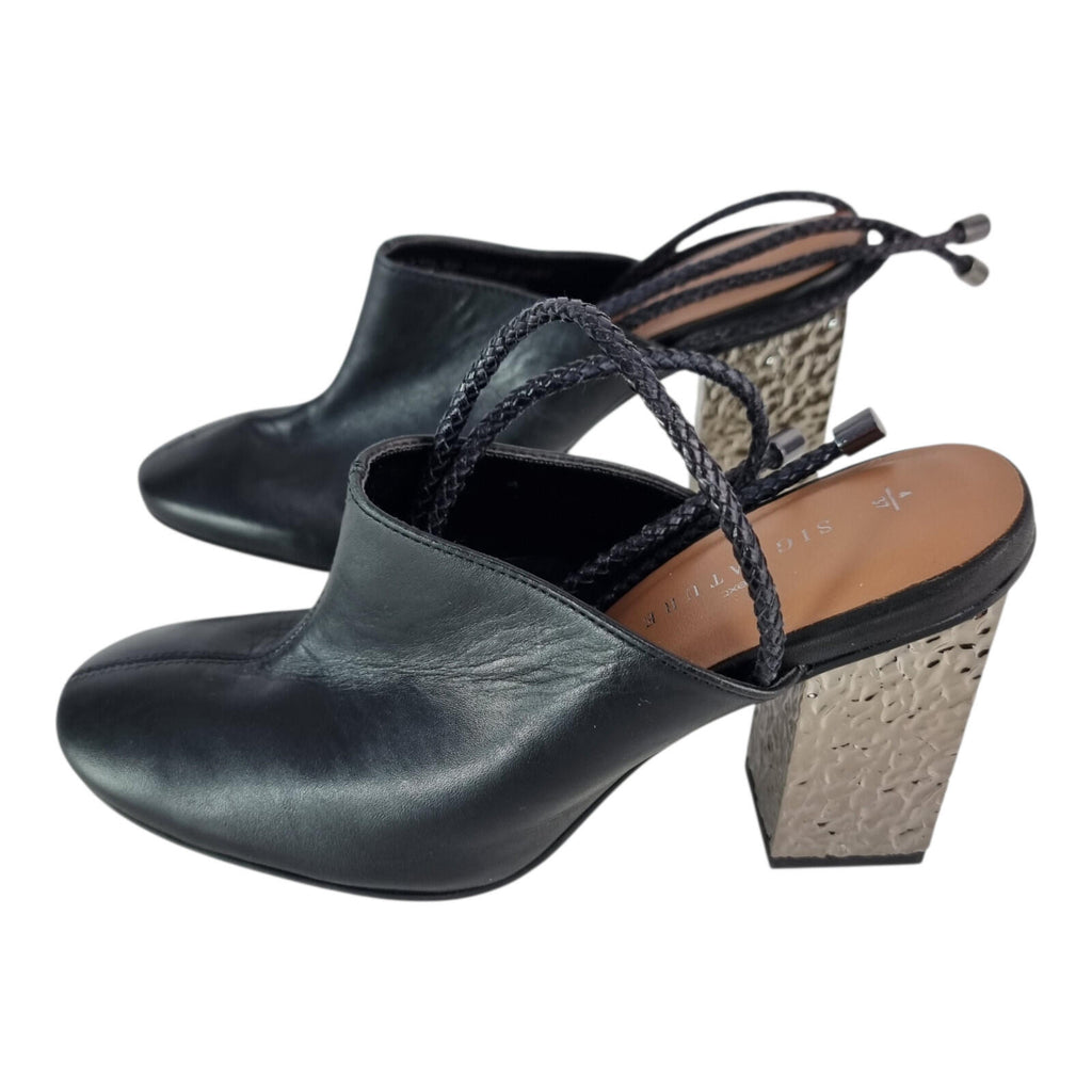 Next Signature Black Block Heels Women's UK Size 4 Ankle Straps Hammered Silver