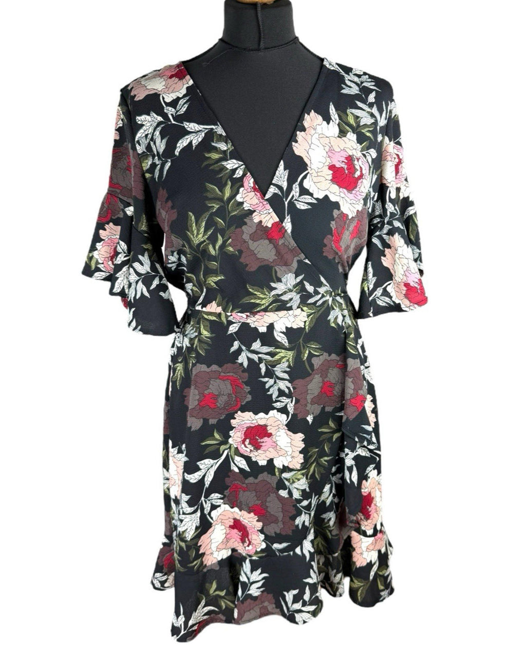 AX Paris Dress Black Floral Wrap Front Frill Knee Length Women’s UK Size 10