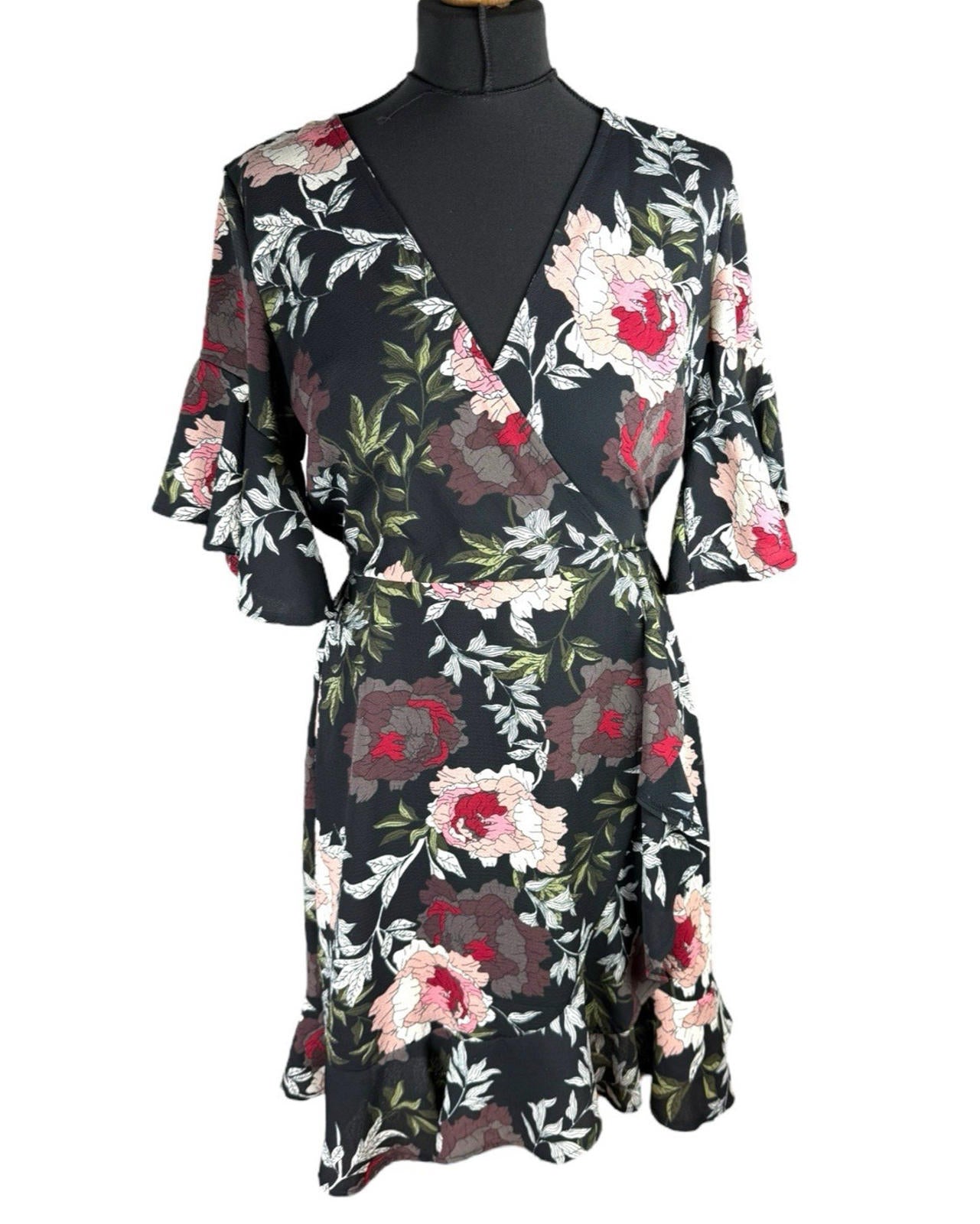 AX Paris Dress Black Floral Wrap Front Frill Knee Length Women’s UK Size 10