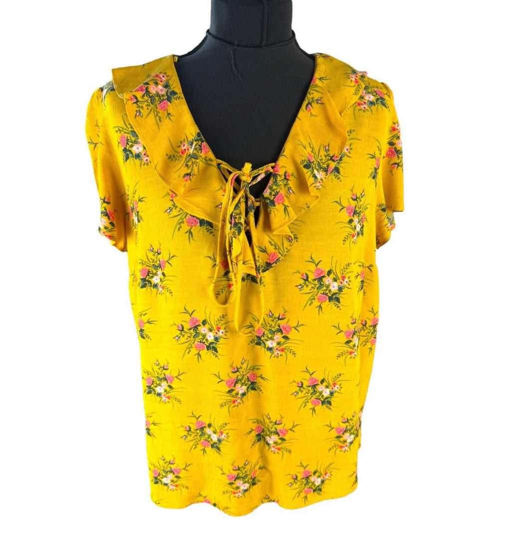 Dorothy Perkins Floral Blouse Women’s UK Size 14 Yellow Ruffle Collar Tie Neck
