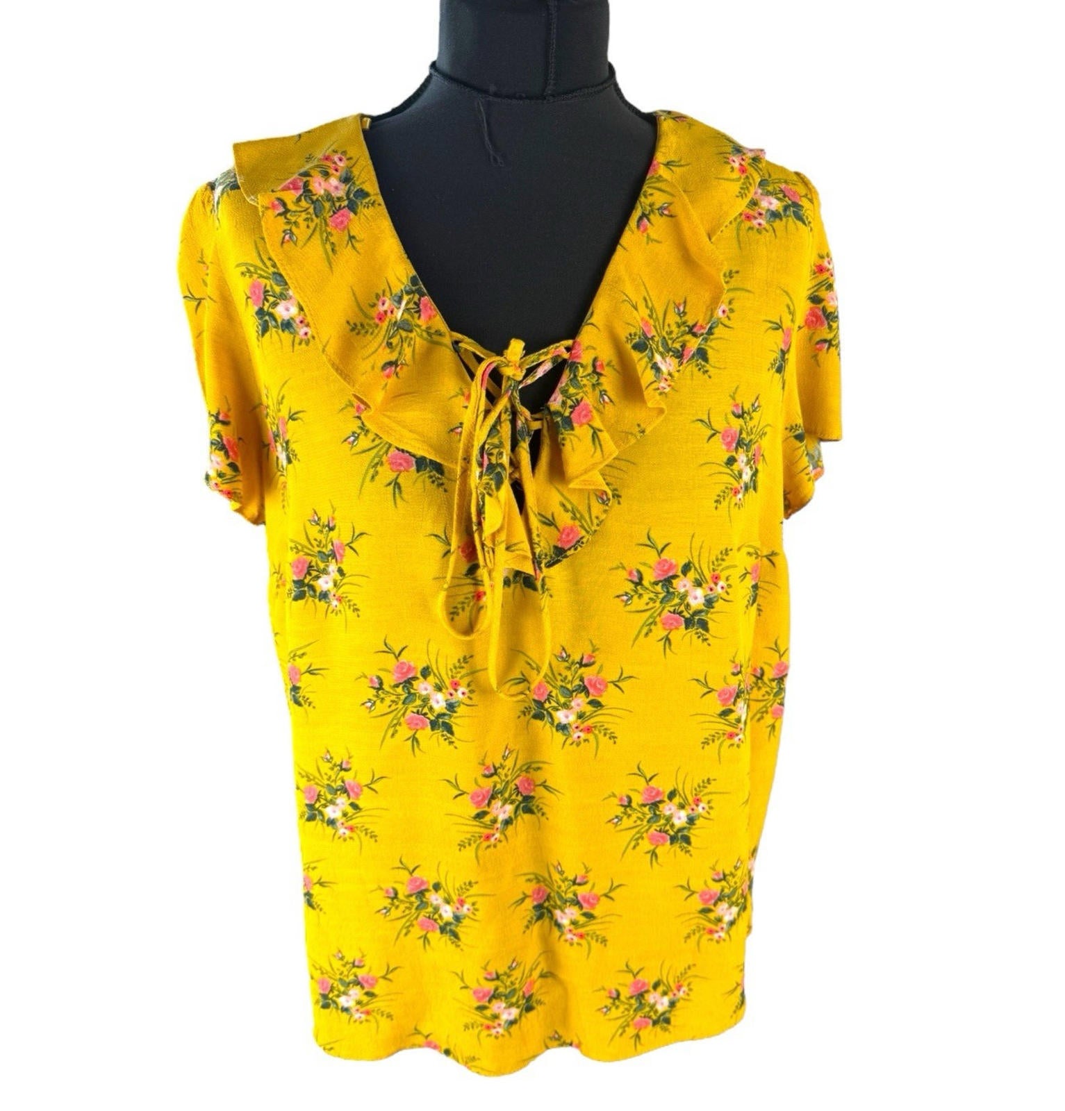 Dorothy Perkins Floral Blouse Women’s UK Size 14 Yellow Ruffle Collar Tie Neck