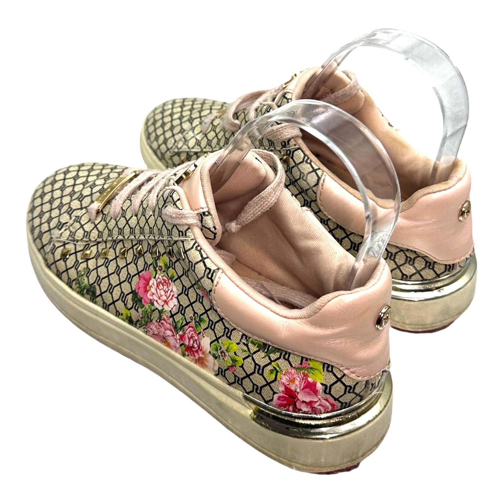 River Island Pumps Women's UK Size 1 Beige Floral Print Chrome Accents Lace Up