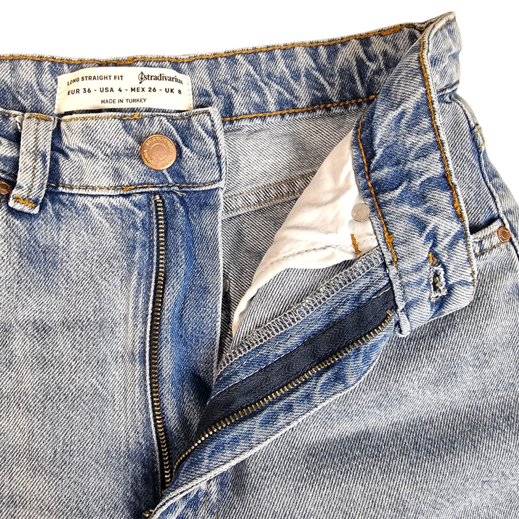 Stradivarius Jeans Women's UK Size 8 Long Split Hem Straight Fit High Waist Blue