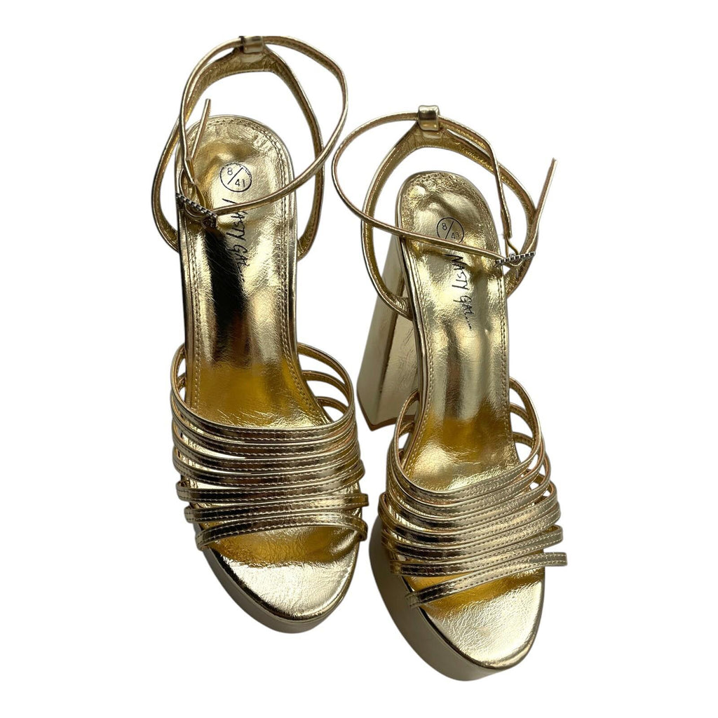 Nasty Gal Shoes Gold Metallic Strappy Platform Block Heel Women’s UK Size 8