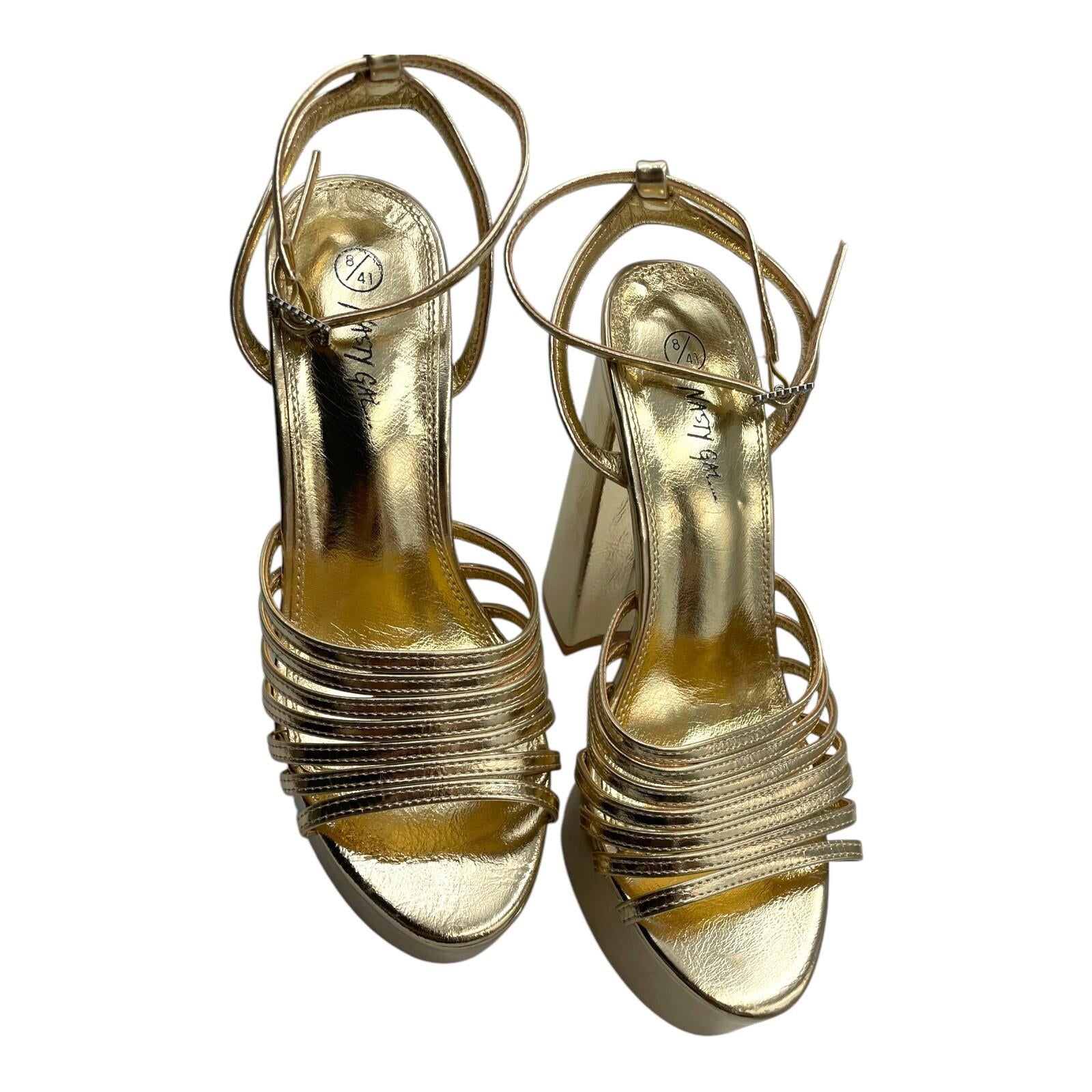 Nasty Gal Shoes Gold Metallic Strappy Platform Block Heel Women’s UK Size 8