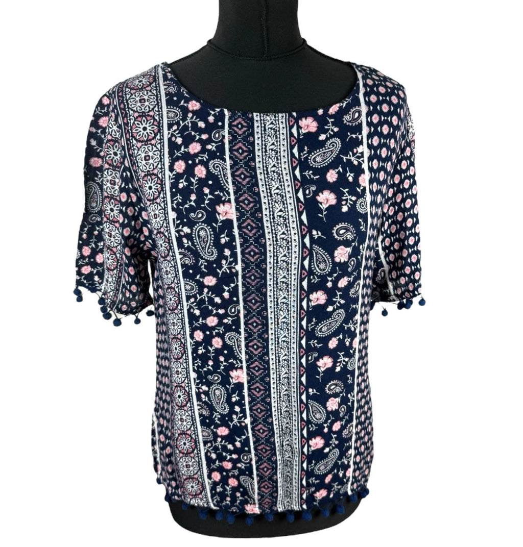 Peacocks Floral Top Navy Pink Crochet Tassled Lightweight Women’s UK Size 10