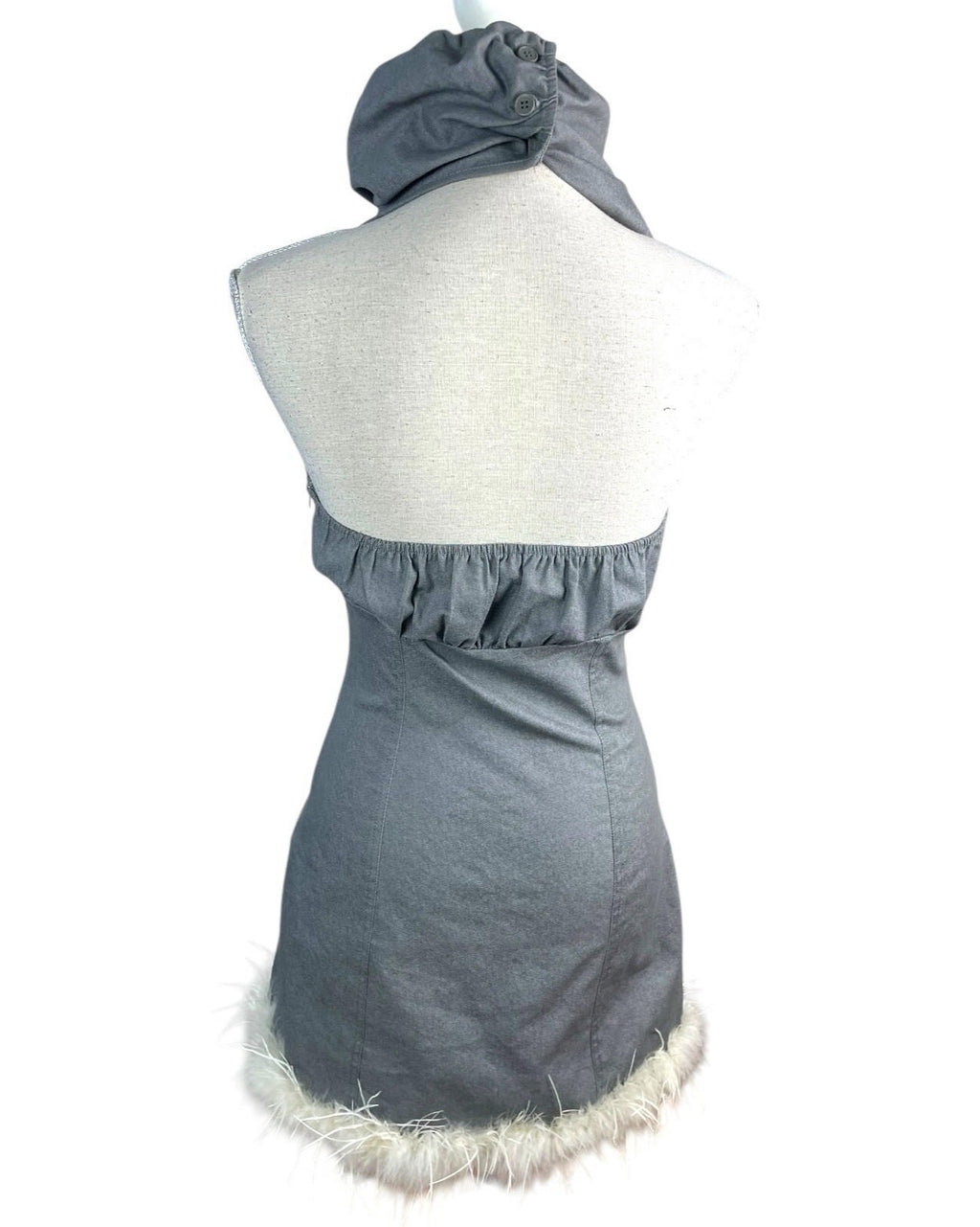 Pretty Little Thing Midi Dress Grey Denim Backless Feather Hem Women’s UK Size 8