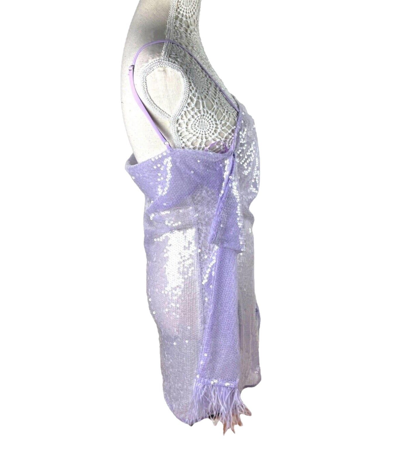Lilac Full Sheer Sequin Mini Dress Feather Detail Women’s UK Size 8