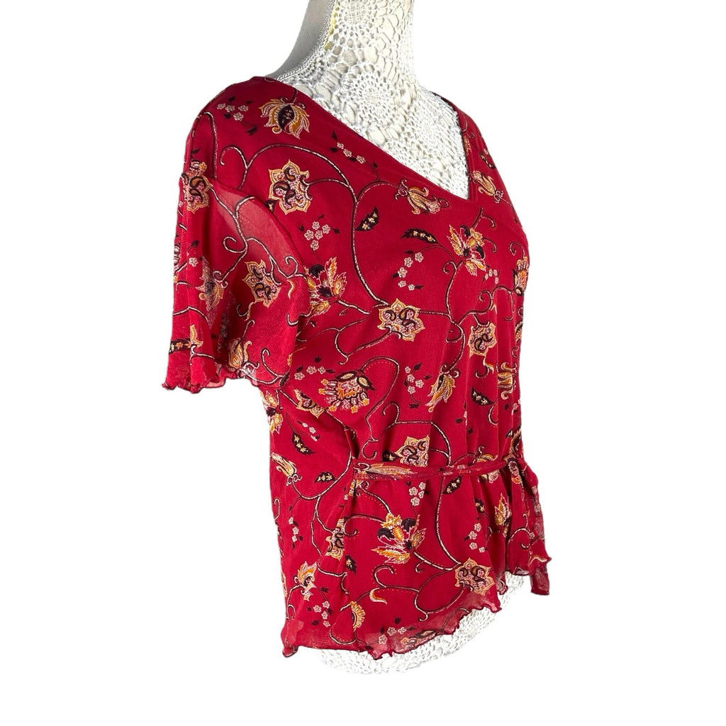 Bonmarche Blouse Red Floral Chiffon Top Women’s UK Size M (10-12)