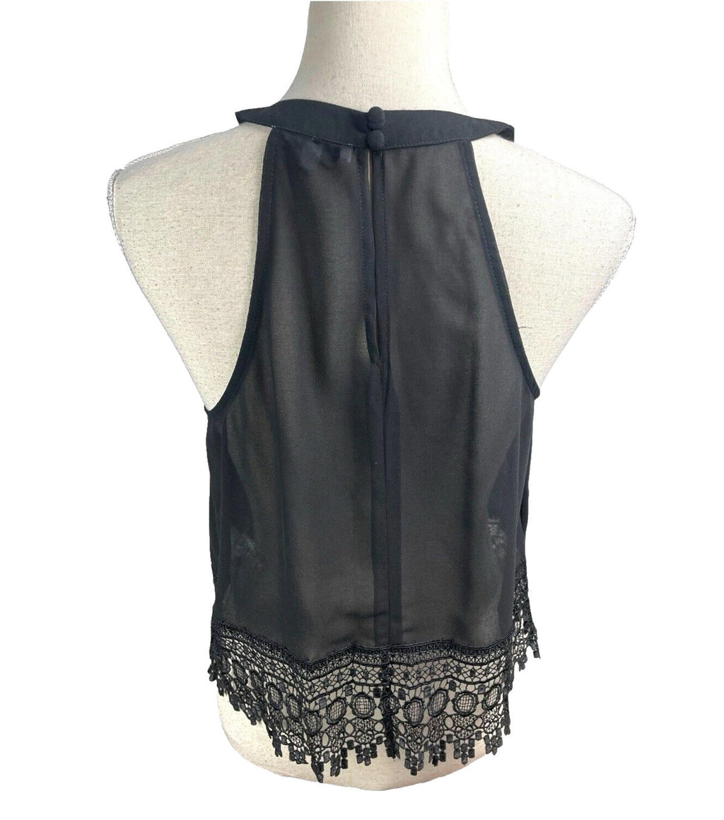 Crochet Hem High Neck Chiffon Tank Women’s UK Size 12 Black Halter Sleeveless