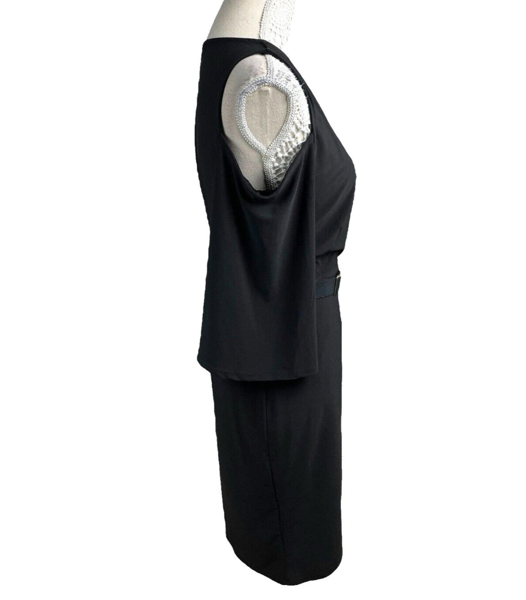 River Island Black Midi Dress Belted Cold Shoulder Sleeve Women’s UK Size 12