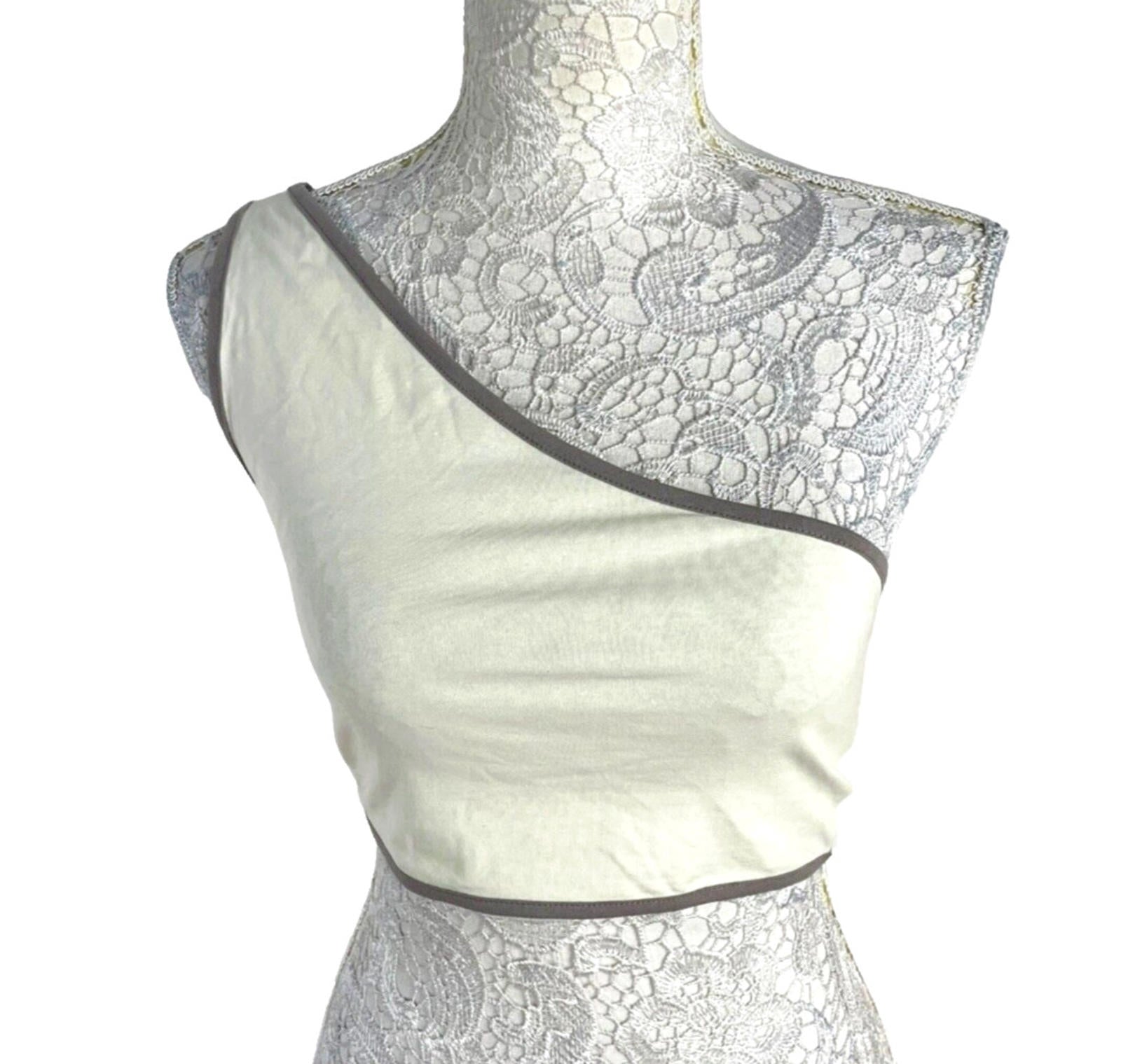 Pretty Little Thing Crop Top Cream One Shoulder Grey Trim Women's UK Size 8