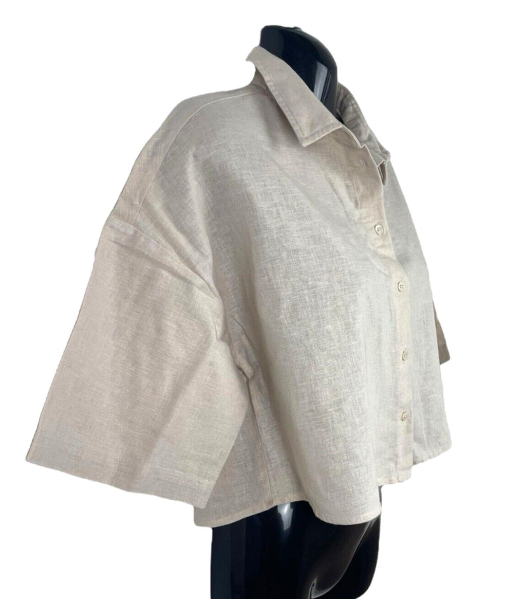 Primark Linen Shirt Blouse Women’s UK Size 6 Cropped Relaxed Fit Beige Top