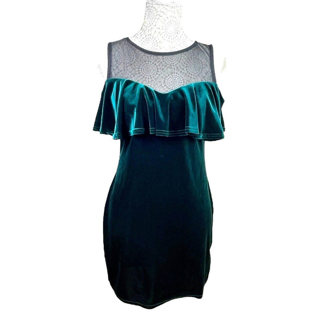 Quiz Velvet Mini Dress Women’s UK Size 14 Green Cold Shoulder Mesh Neckline