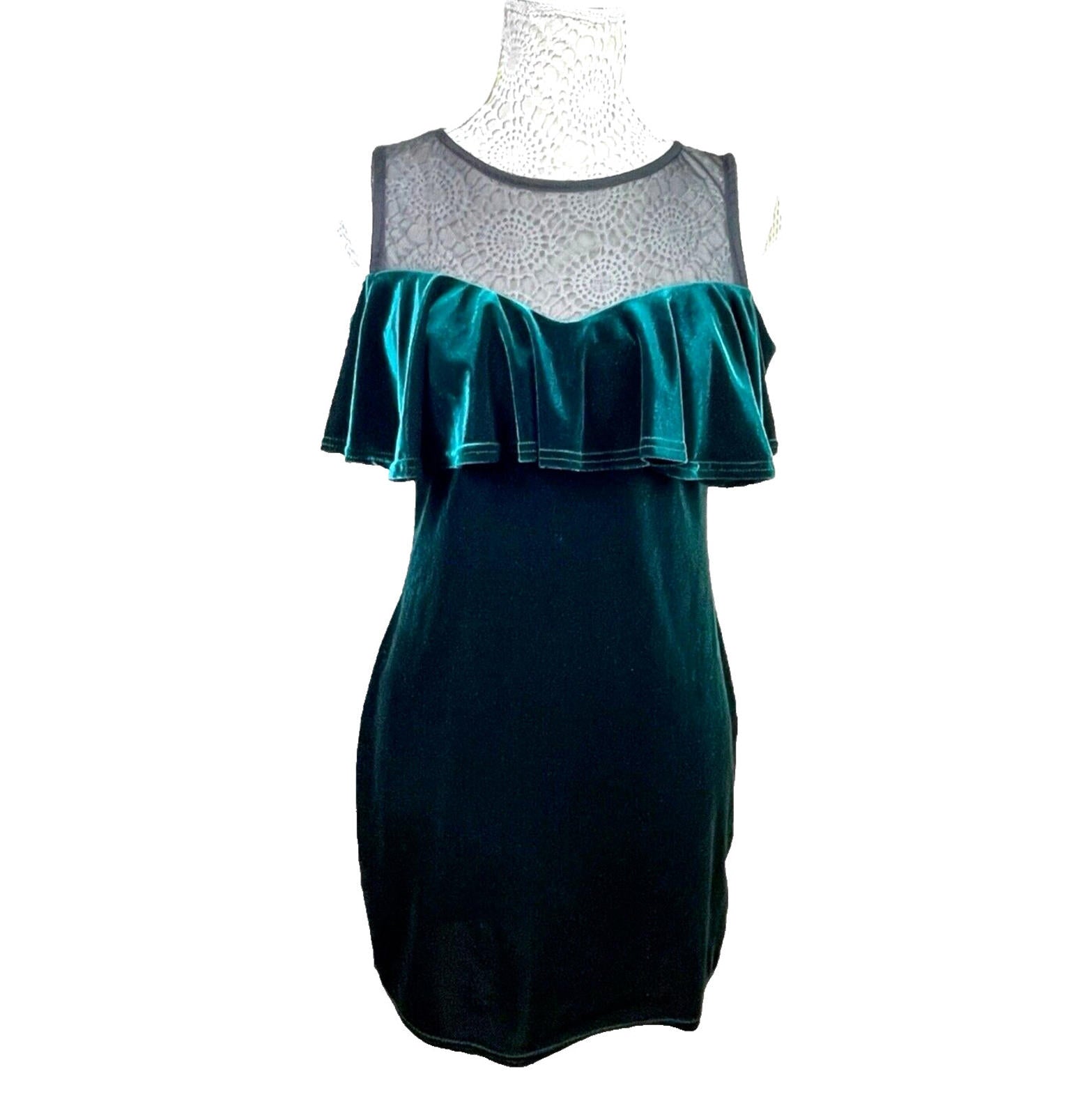 Quiz Velvet Mini Dress Women’s UK Size 14 Green Cold Shoulder Mesh Neckline