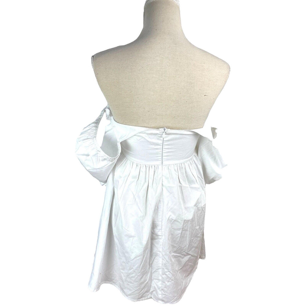 Off Shoulder Mini Dress Women's UK Size 8 White Short Sleeve Button Front Summer
