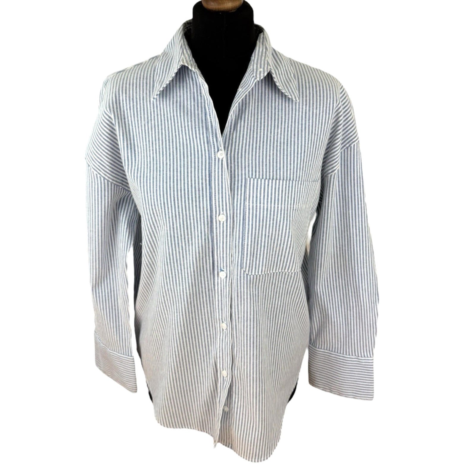 Zara Blue Stripe Shirt Blouse Collared Long Sleeve Distressed Womens UK Size S