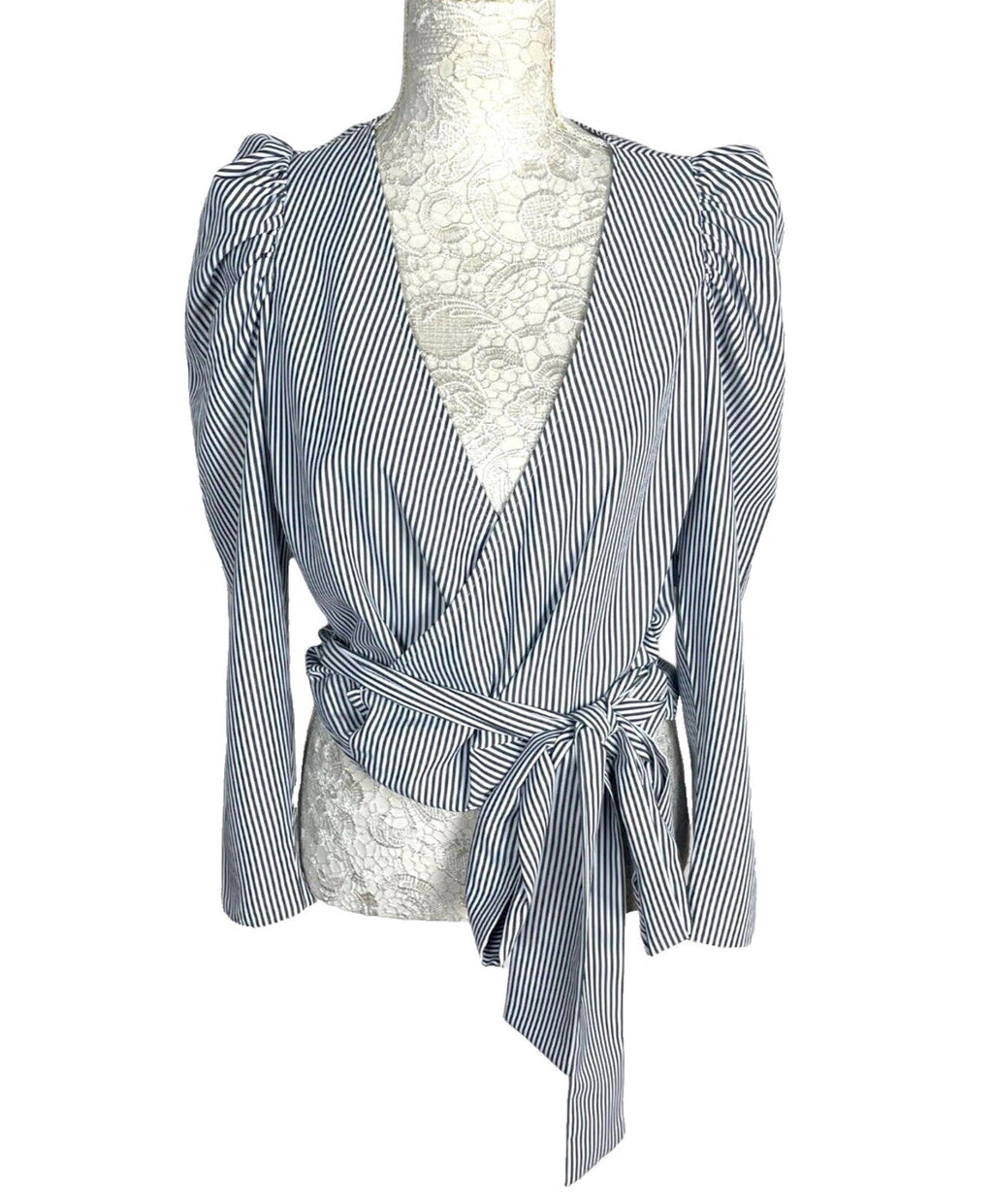 New Look Striped Wrap Shirt Blouse Top Women's UK Size 8 Puff Sleeve Waist Tie