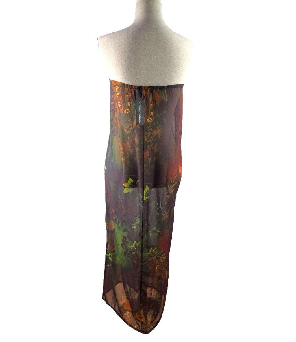 Pretty Little Thing Maxi Dress Brown Abstract Print Sheer Women’s UK Size 8