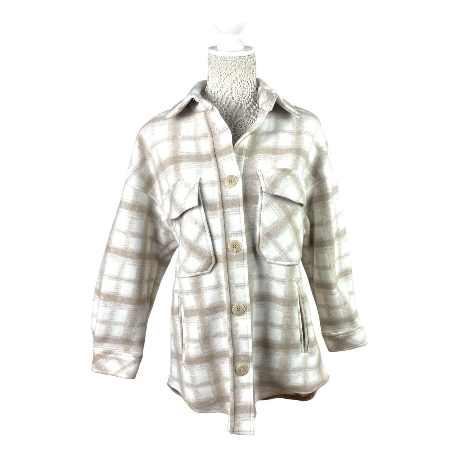 Stradivarius Beige Shirt Jacket Check Brushed Oversized Women’s UK Size XS