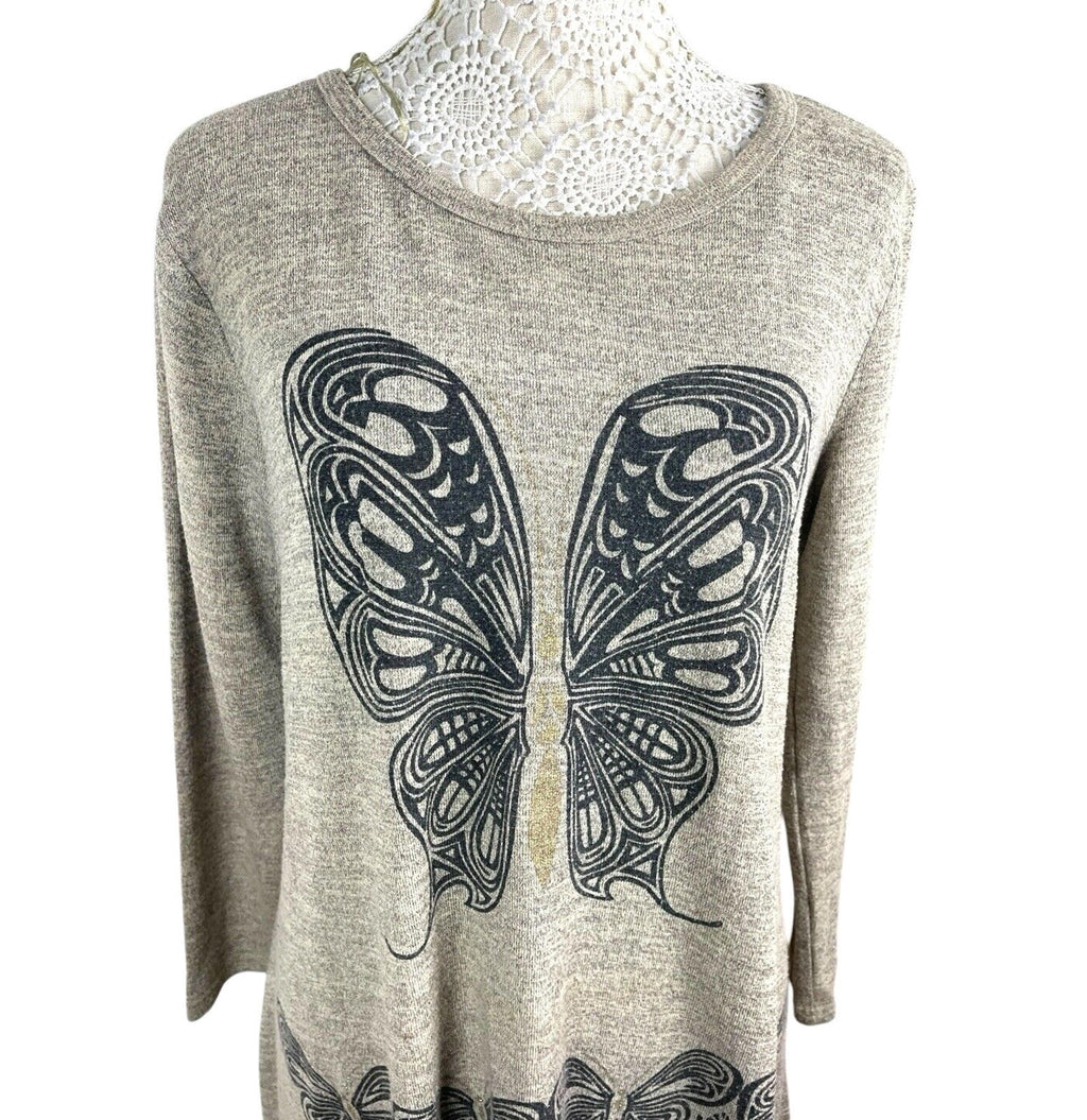 Butterfly Tunic Top Women’s UK Size M Beige Long-Sleeved Lightweight Jumper
