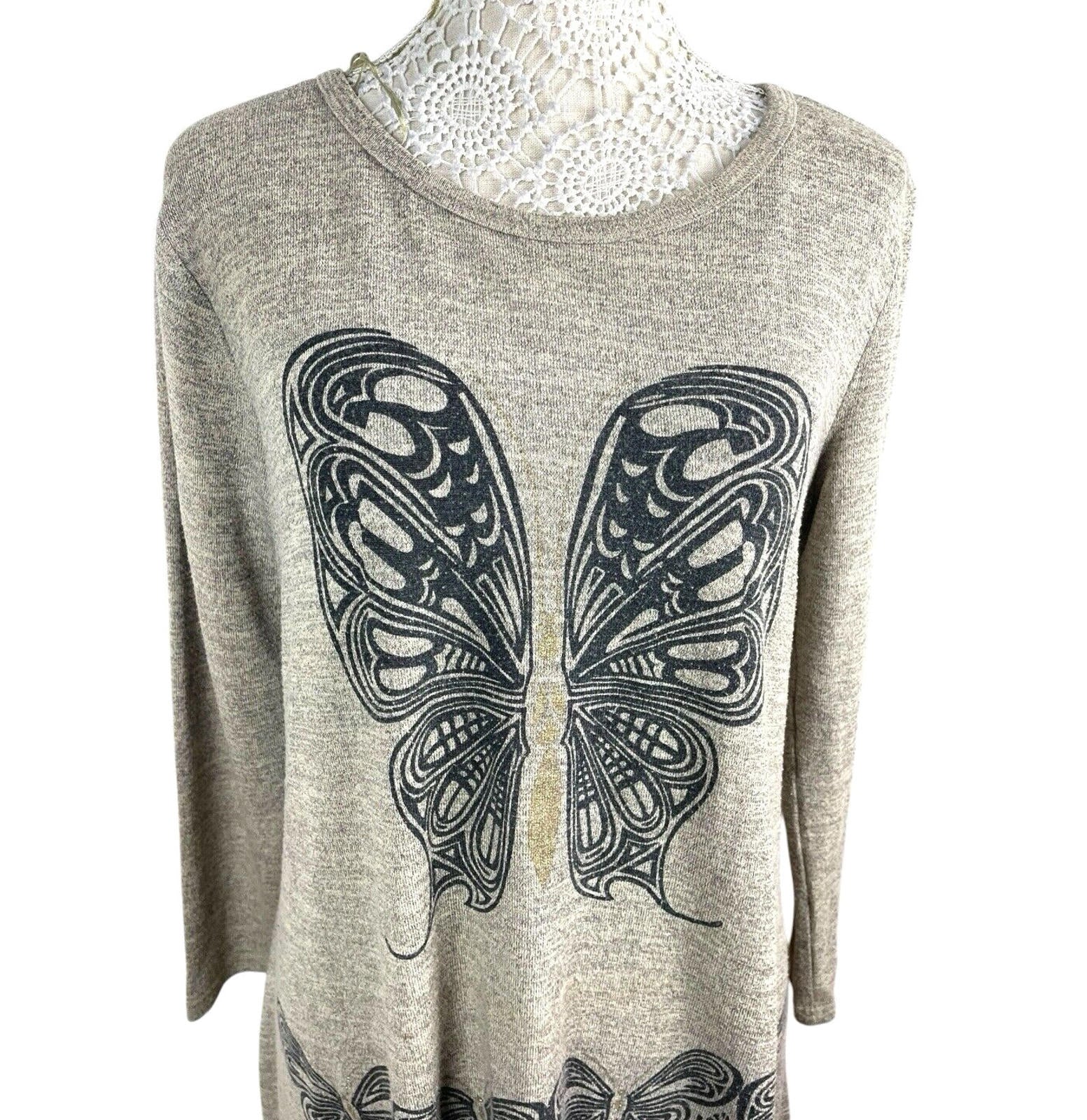 Butterfly Tunic Top Women’s UK Size M Beige Long-Sleeved Lightweight Jumper