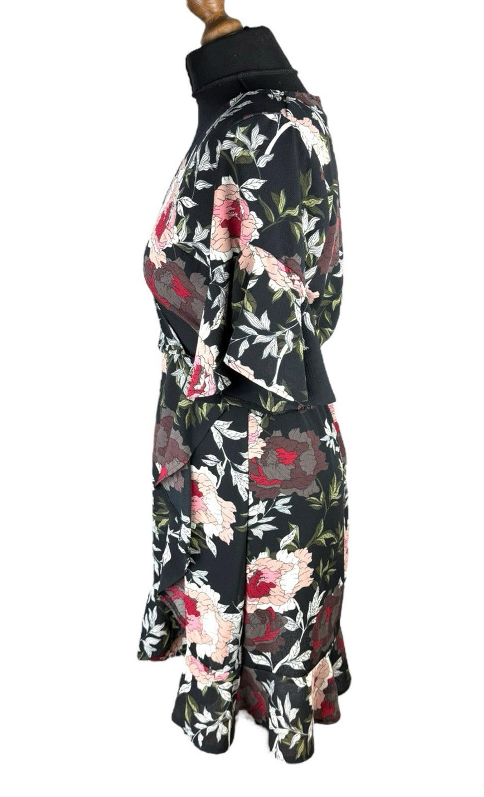 AX Paris Dress Black Floral Wrap Front Frill Knee Length Women’s UK Size 10