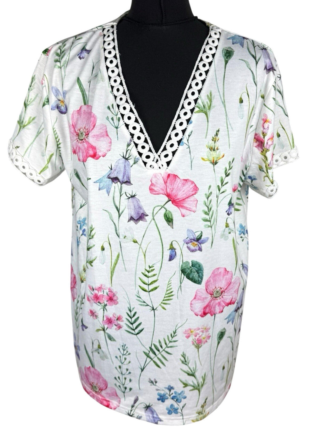 Just Fashion V-Neck Blouse Top Women’s UK Size M Floral Print Contrast Lace Trim