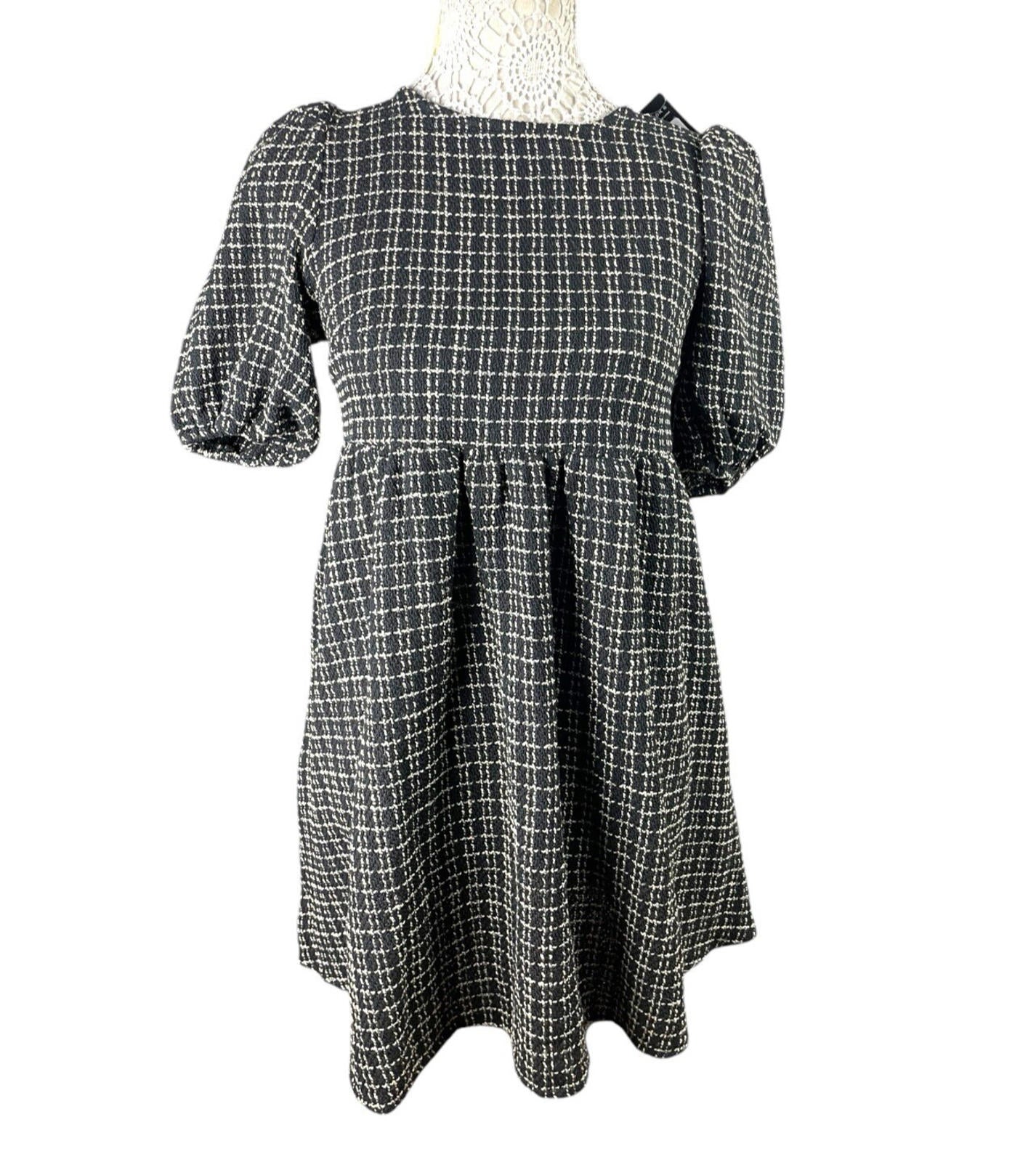 New Look Smock Dress Women's UK Size 6 Black Check Midi Short Puff Sleeve PETITE