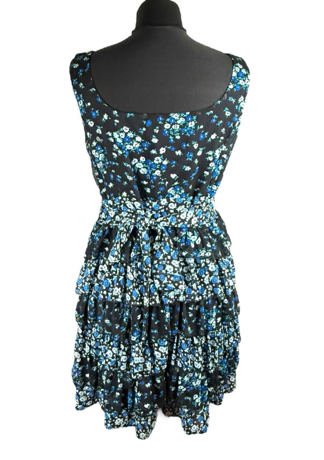 Austin Black Floral Mini Dress Ruffle Layers Tie Back Women’s UK Size 18