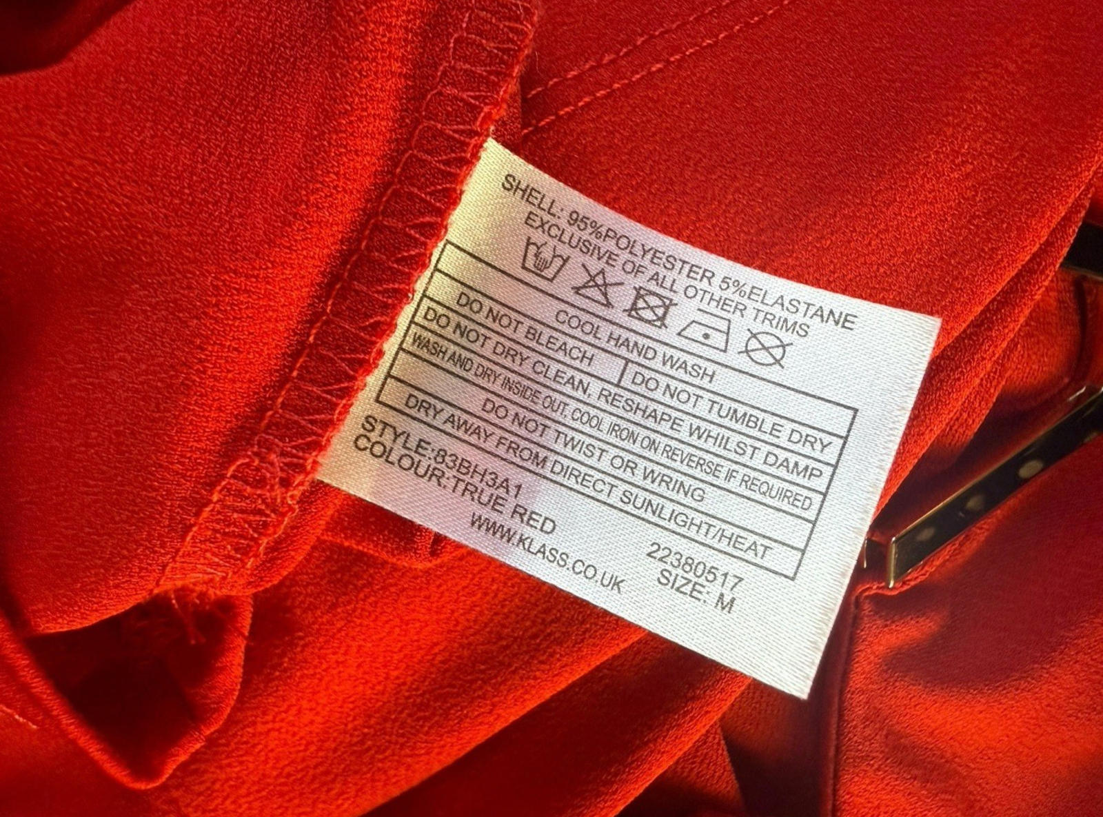 Klass Bright Red Blouse 3/4 Sleeve Gold Buckle Detail Women’s UK Size M