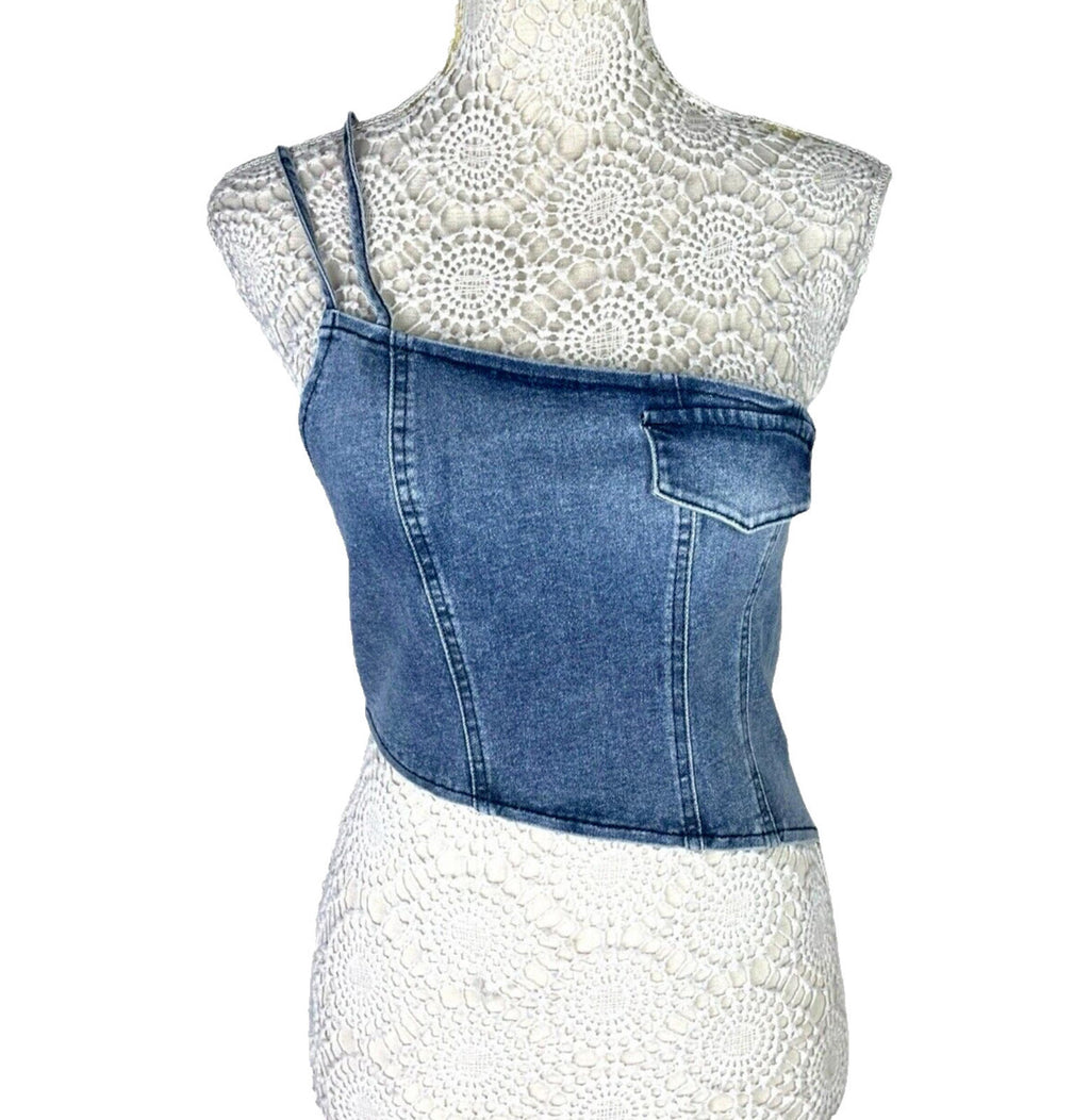 Denim One Shoulder Asymmetrical Crop Top Mock Pocket Women’s UK Size 8