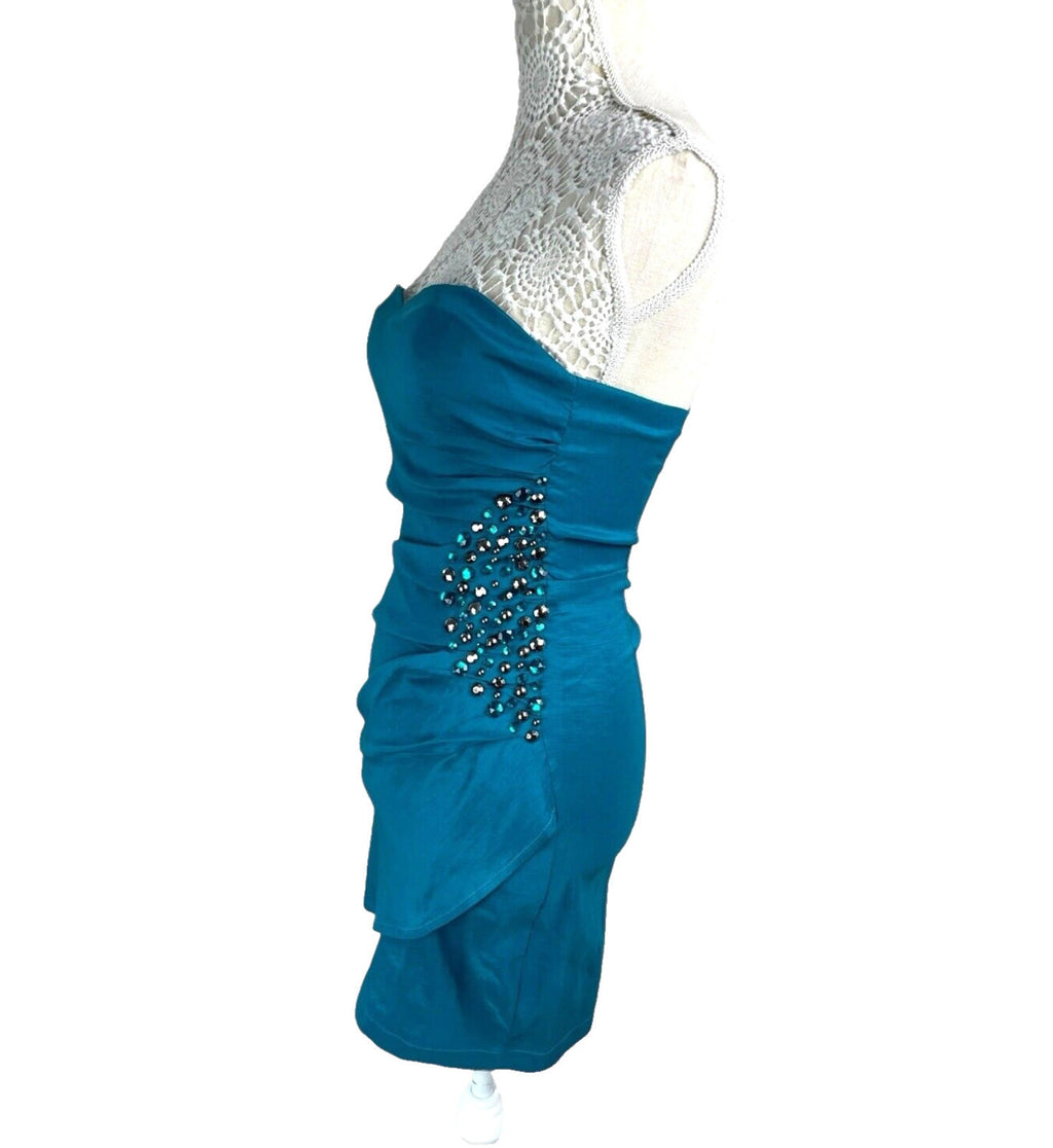 AX Paris Mini Dress Turquoise Ruched Off Shoulder Embellished Women’s UK Size 8