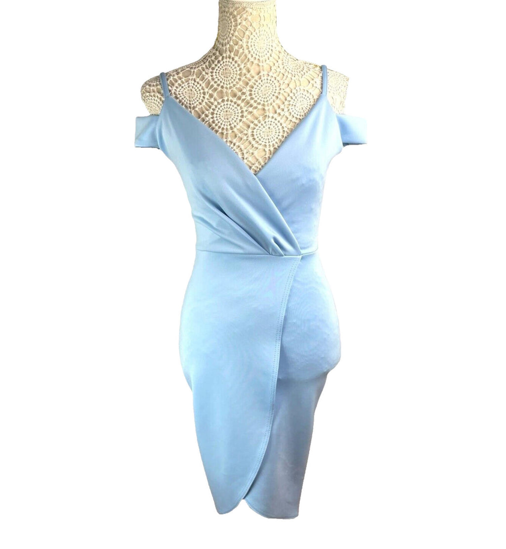 Be Jealous Bodycon Midi Dress Women's UK Size 6 Baby Blue Wrap-Style Cross-Front