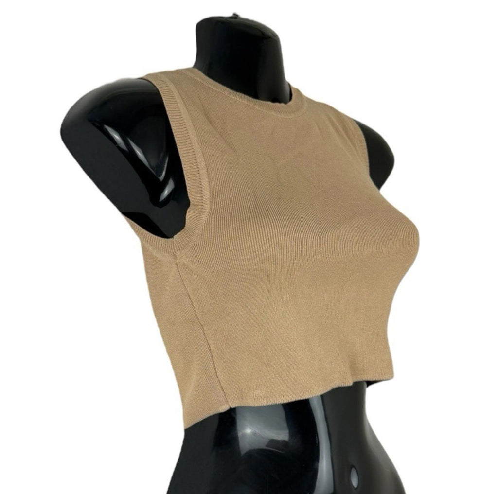 Zara Tan Knitted Crop Top Round Neck Tank Women’s UK Size S