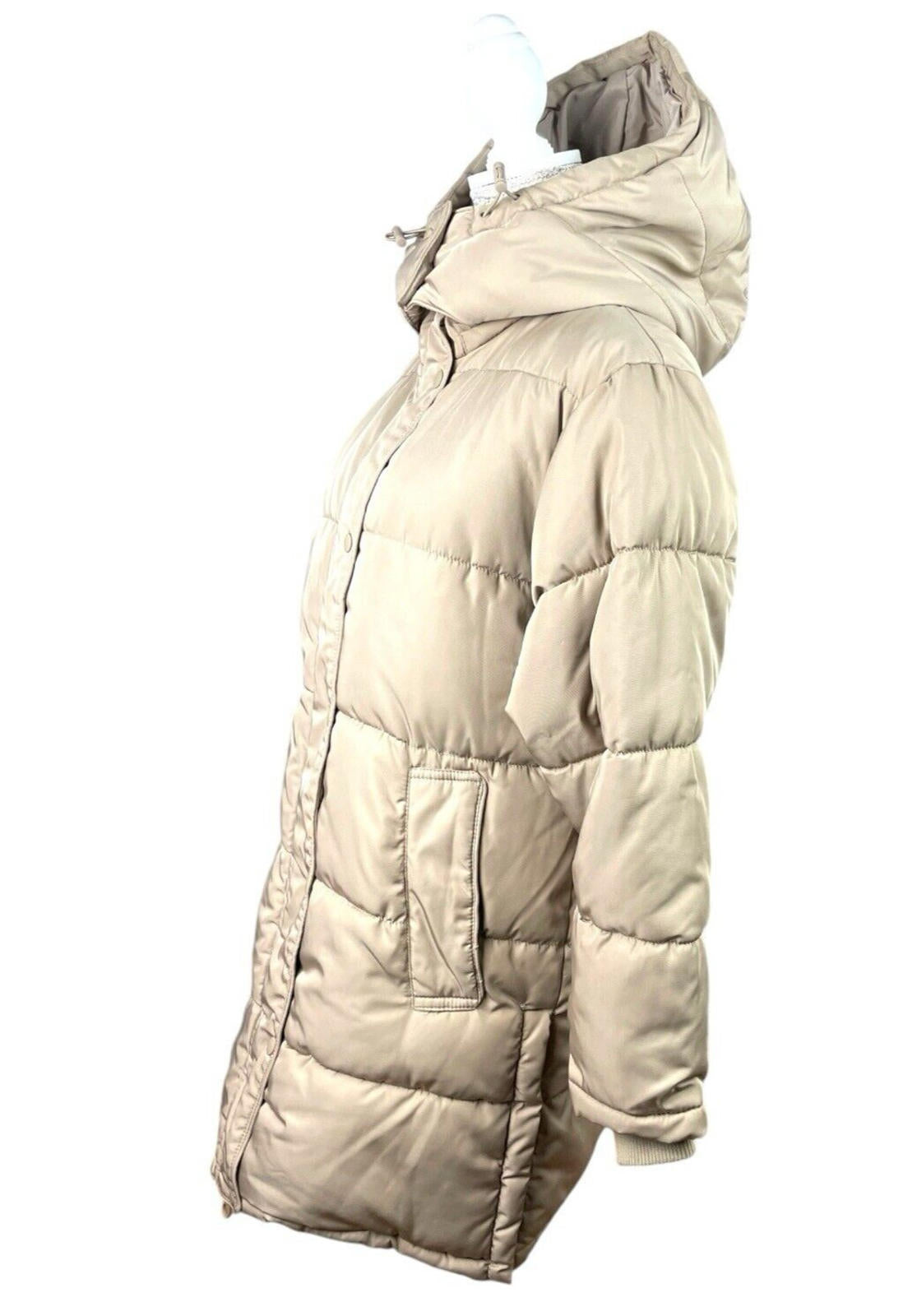 Pull & Bear Puffer Jacket Women's UK Size XS Beige Relaxed Fit Removable Hood