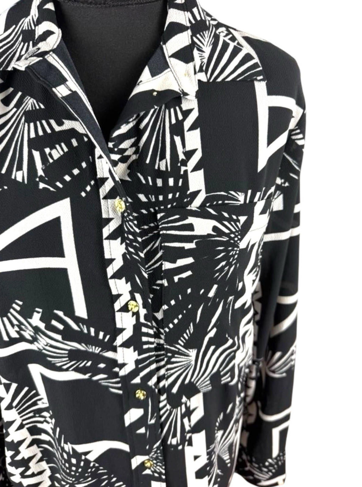 Next Black White Chiffon Shirt Blouse Gold Button Women’s UK Size 8