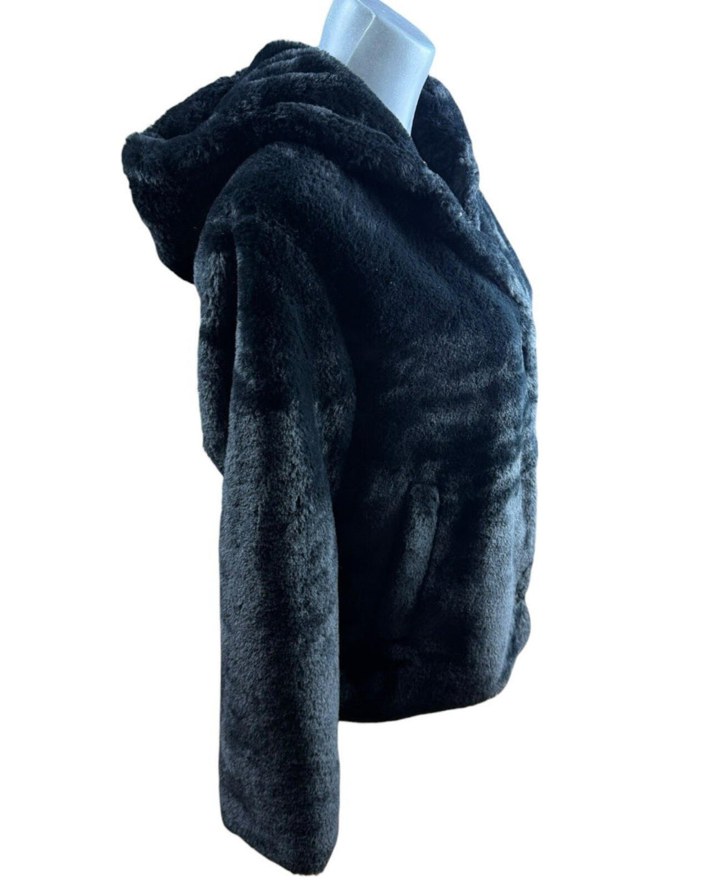 Primark Faux Fur Hooded Coat Jacket Women’s UK Size 2XS Black Snap Button Lined