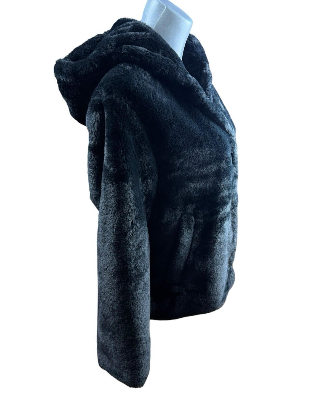 Primark Faux Fur Hooded Coat Jacket Women’s UK Size 2XS Black Snap Button Lined