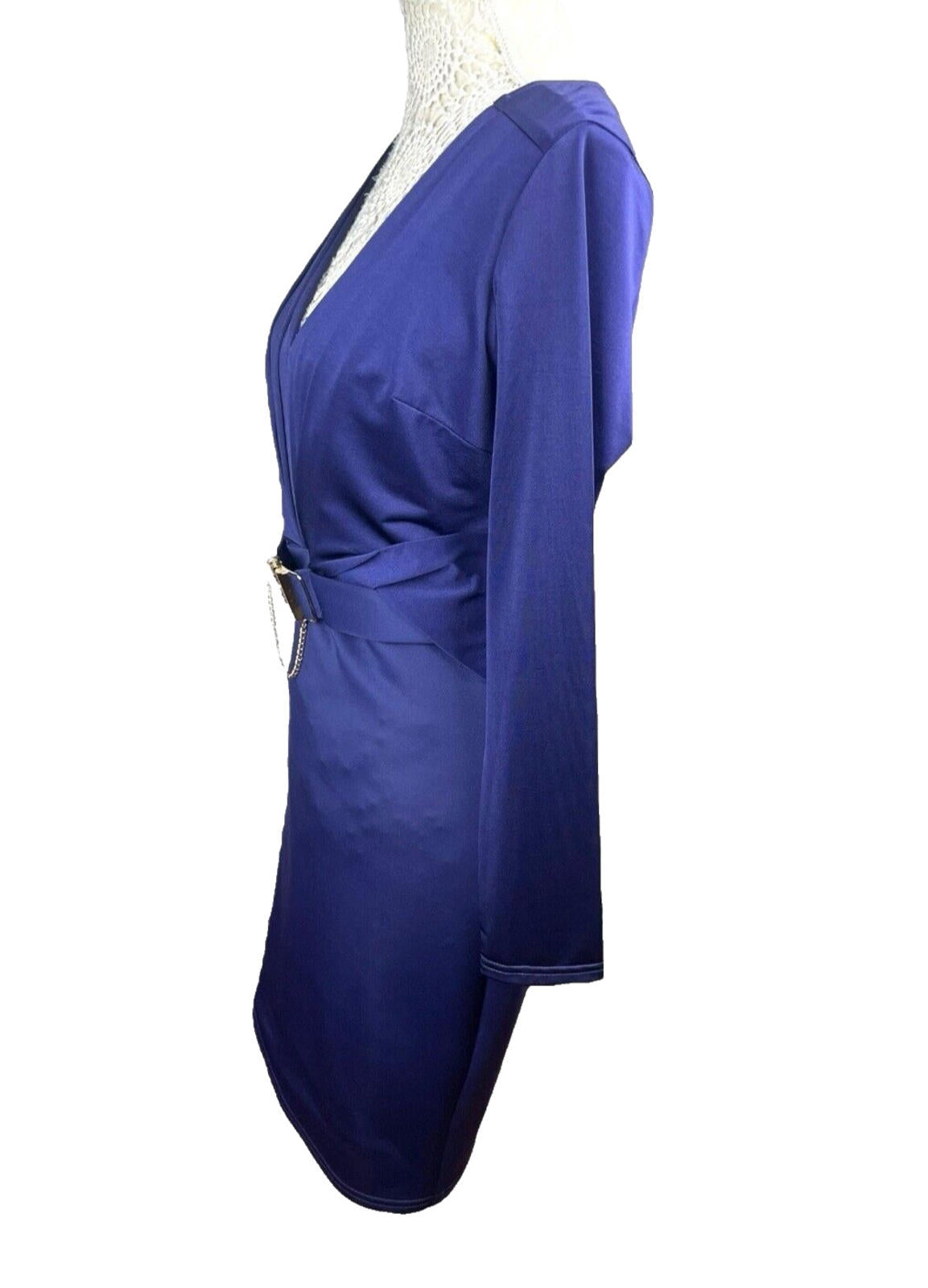 Lypsy Navy Blue Satin Midi Dress Belted Gold Buckle Women’s UK Size 12