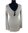 Textured Knit Mini Dress Women's UK Size 8 Flared Sleeve Beige Geometric